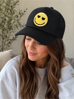 Mighty Fine Black Trucker Hat with Yellow Heart-Eye Smile Patch